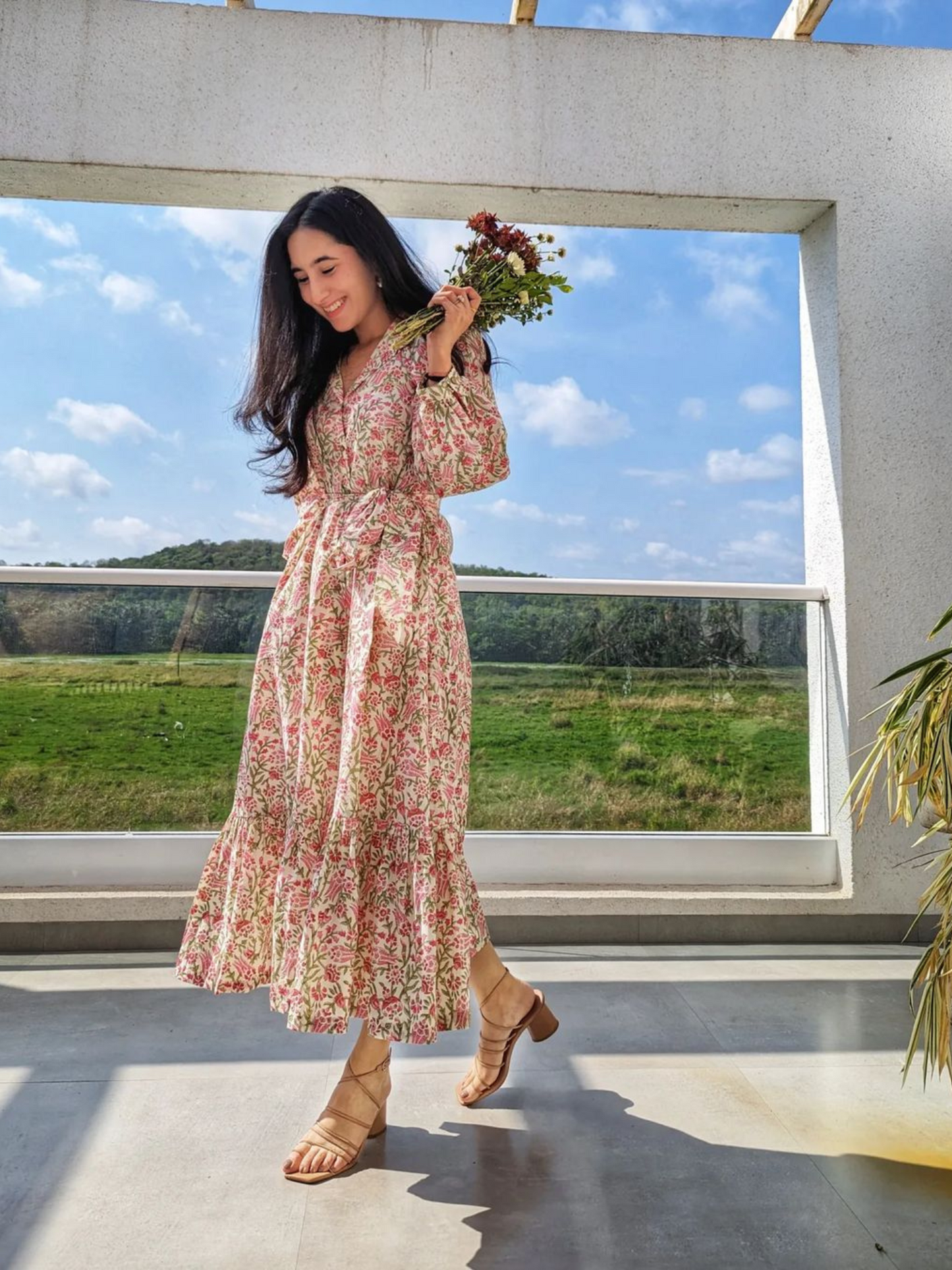 Pink Abbey Garden Dress - Hand Block Printed Midi Dress