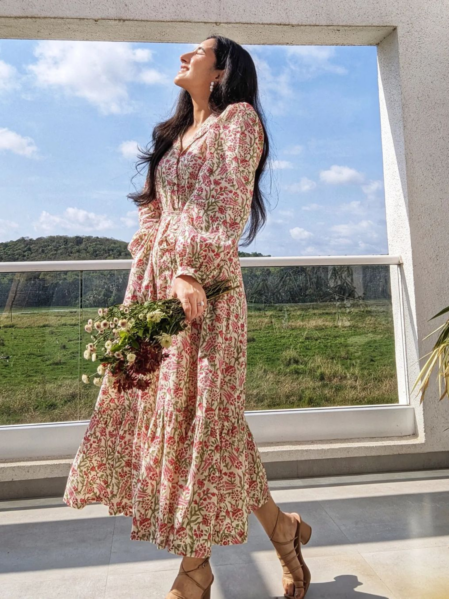 Pink Abbey Garden Dress - Hand Block Printed Midi Dress