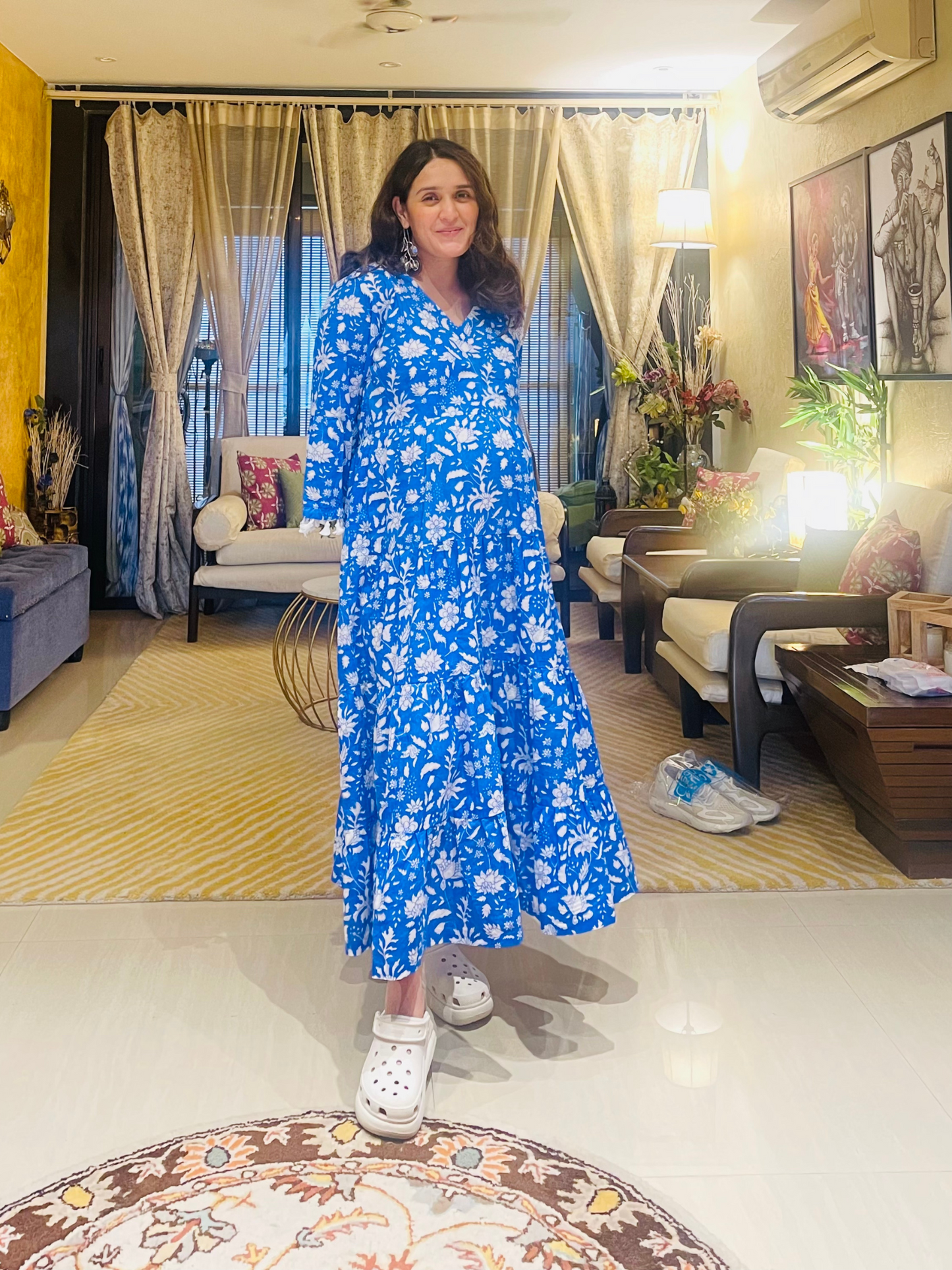 No More Blues Tier Dress - Blue Hand Block Printed Cotton Tier Dress