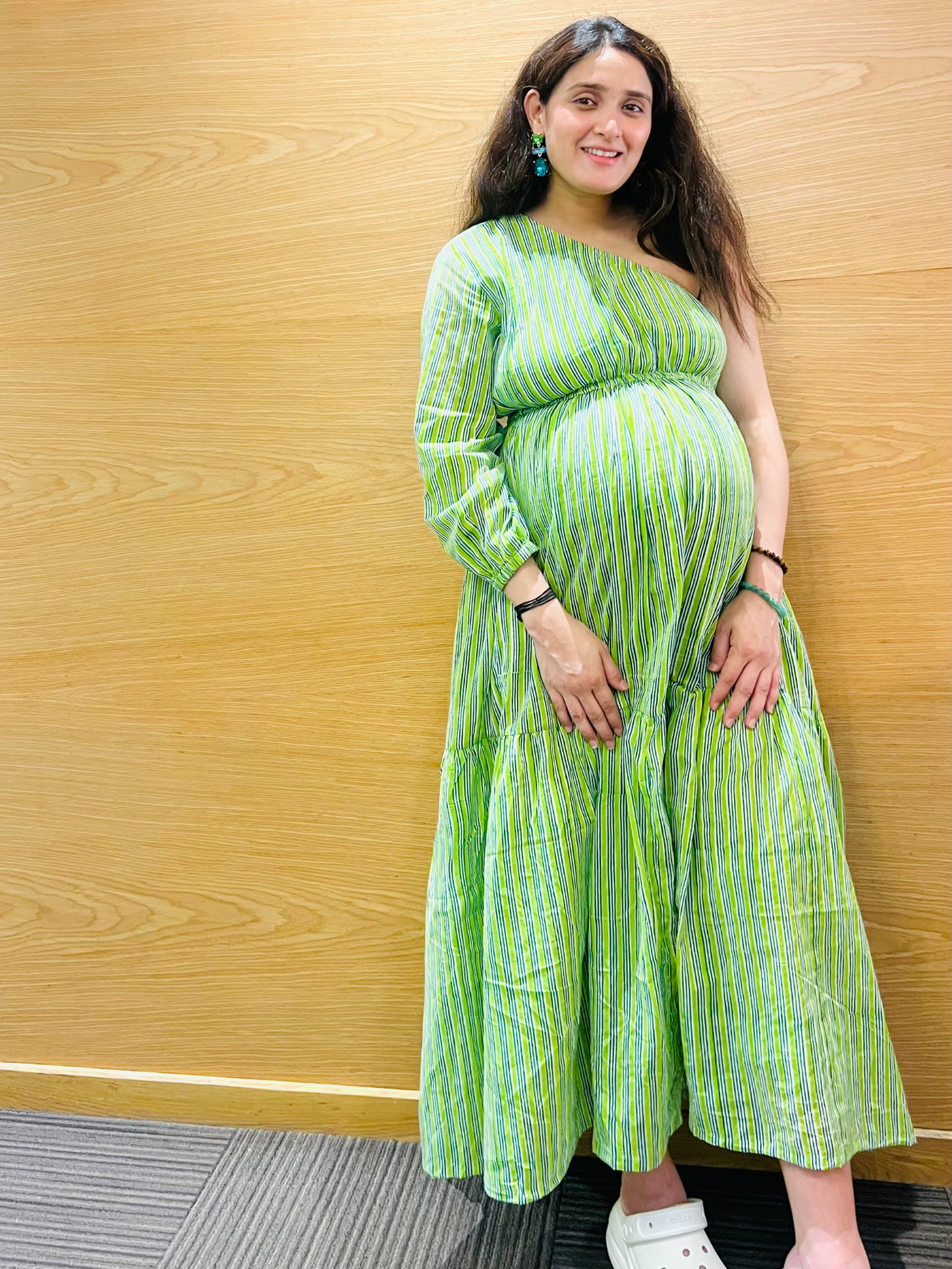 Forêt Dress - Green Cotton One Shoulder Hand Block Printed Tier Dress