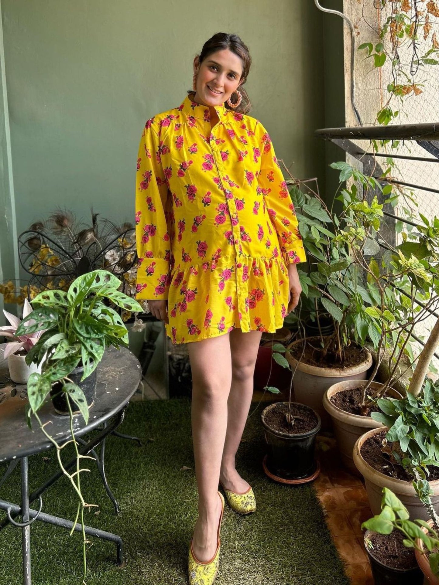 Rose Sunshine Shirt Dress - Yellow Digital Printed Cotton Silk Shirt Dress