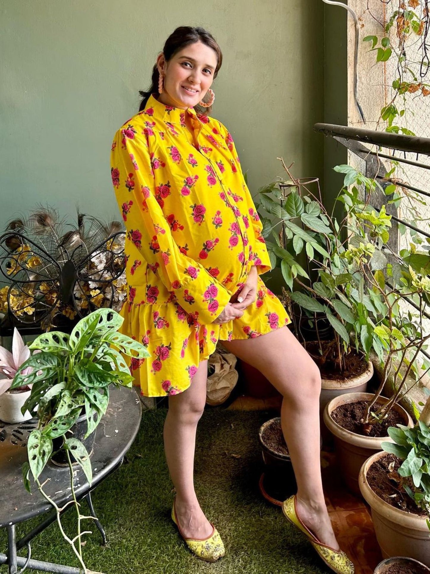 Rose Sunshine Shirt Dress - Yellow Digital Printed Cotton Silk Shirt Dress