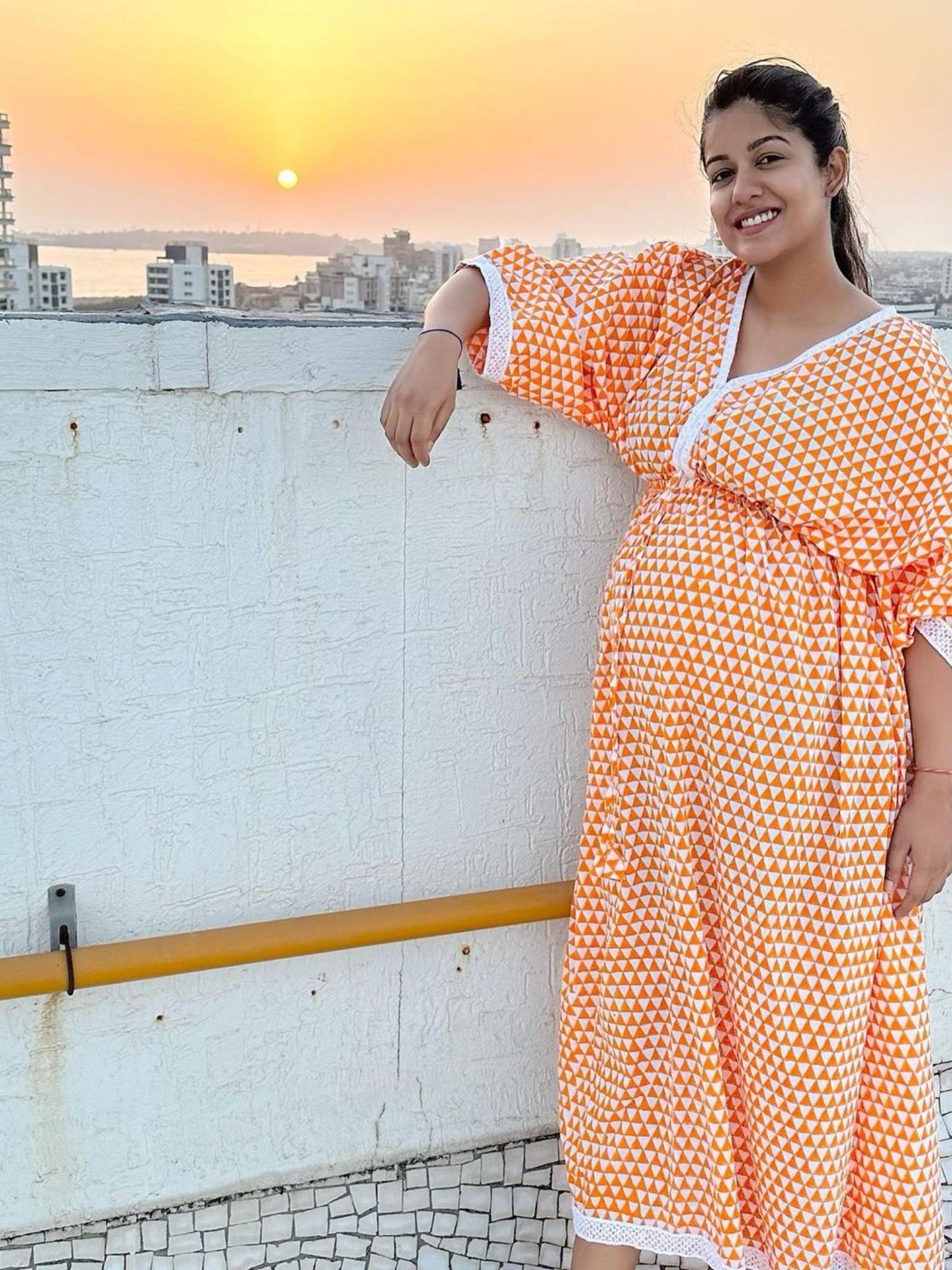Mangue Kaftan Dress - Yellow Cotton Kaftan With White Hand Block Print & Lace Detailing
