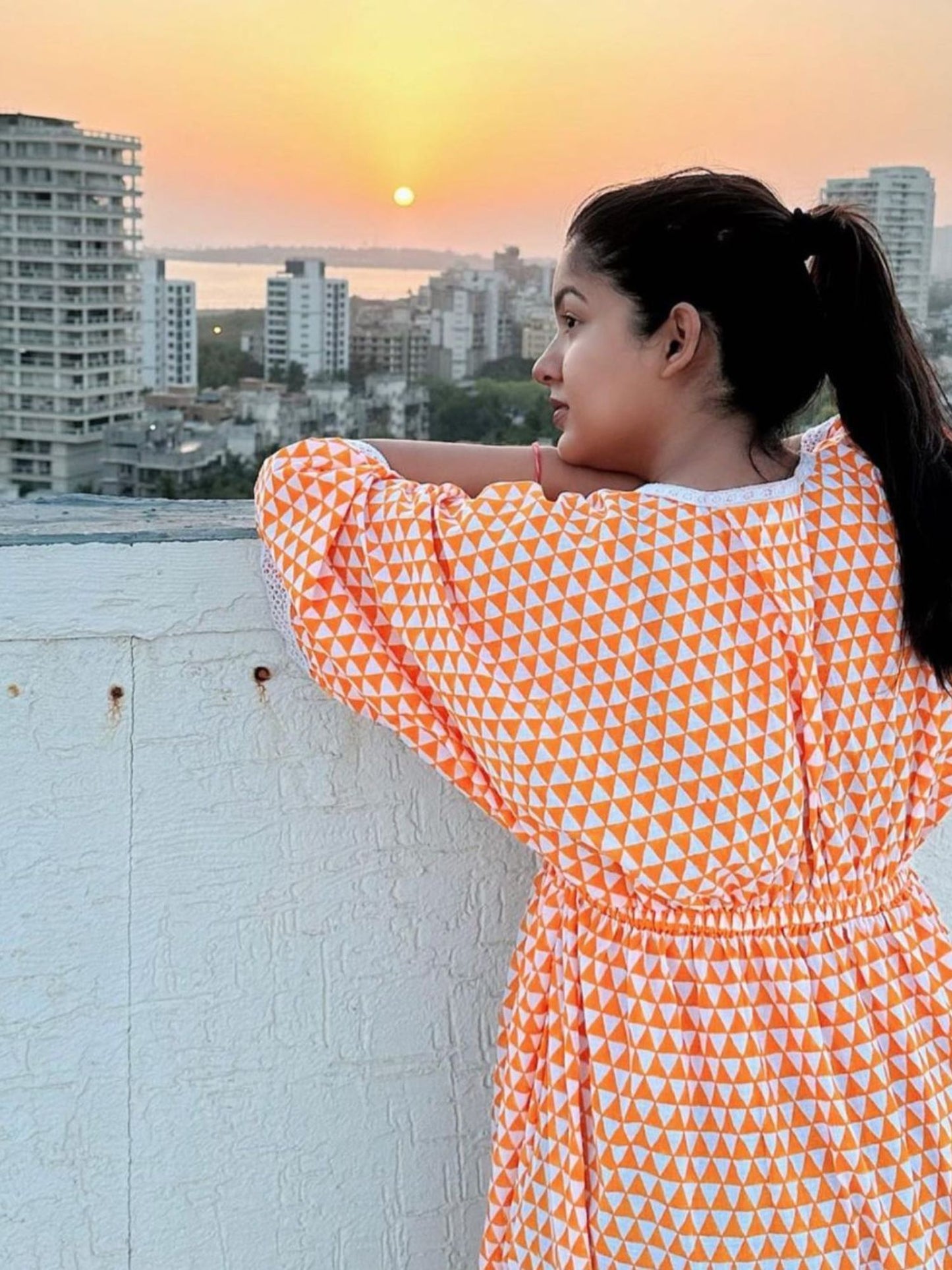 Mangue Kaftan Dress - Yellow Cotton Kaftan With White Hand Block Print & Lace Detailing
