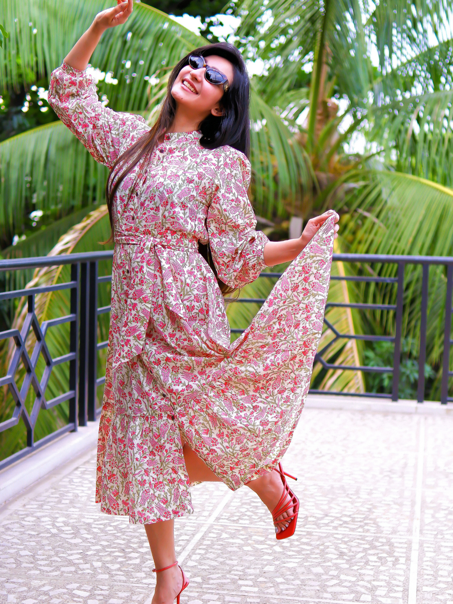 Pink Abbey Garden Dress - Hand Block Printed Midi Dress