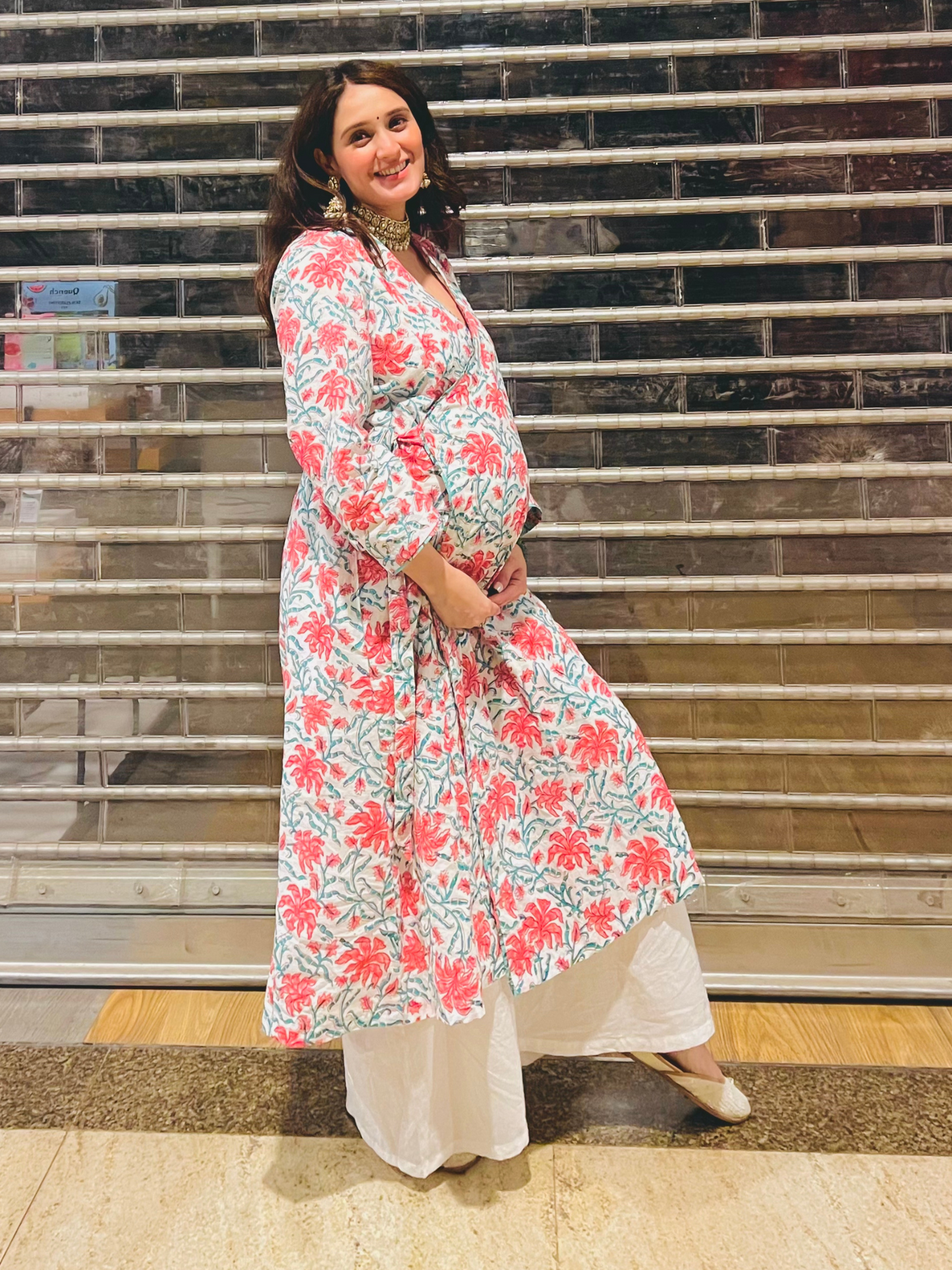 White Gardenia Wrap Set- White Pink Hand Block Printed Cotton Wrap Kurta with Pants