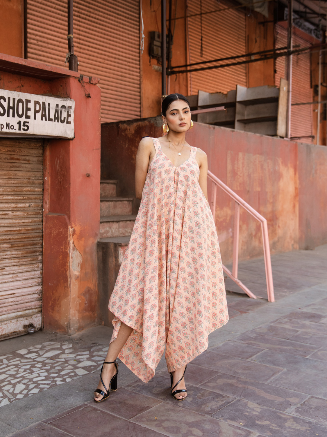 Peach Passion Drape Jumpsuit - Printed Cotton Draped Jumpsuit