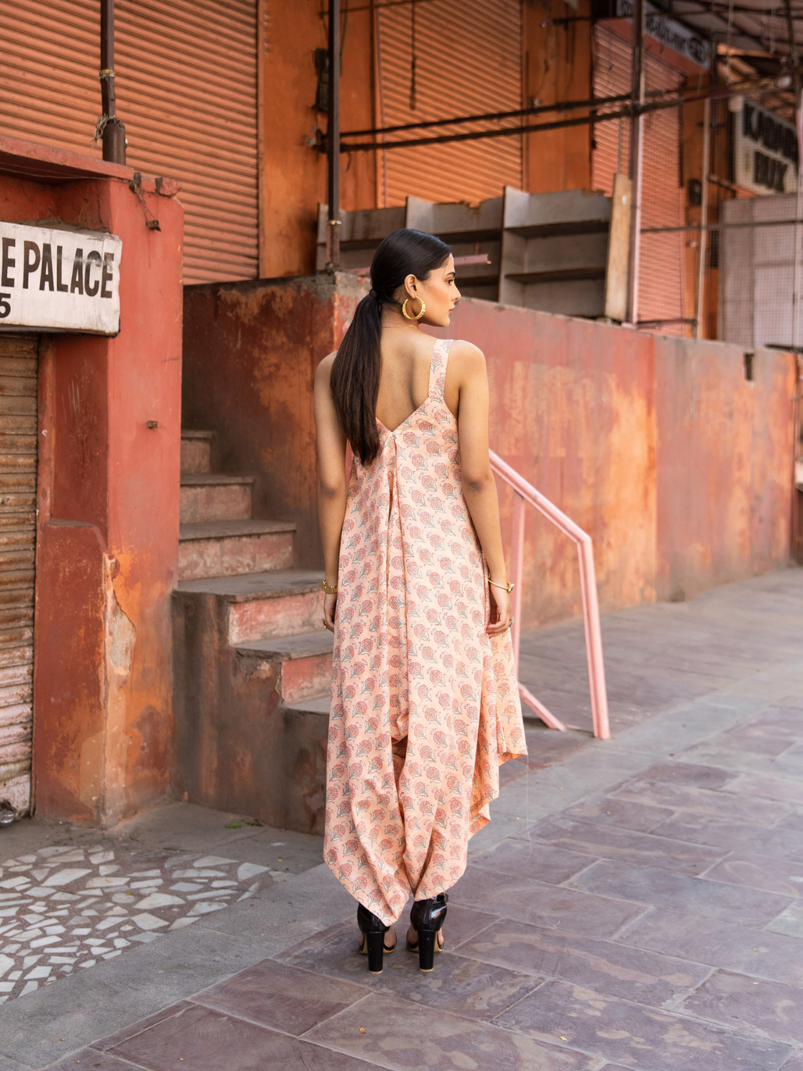 Peach Passion Drape Jumpsuit - Printed Cotton Draped Jumpsuit