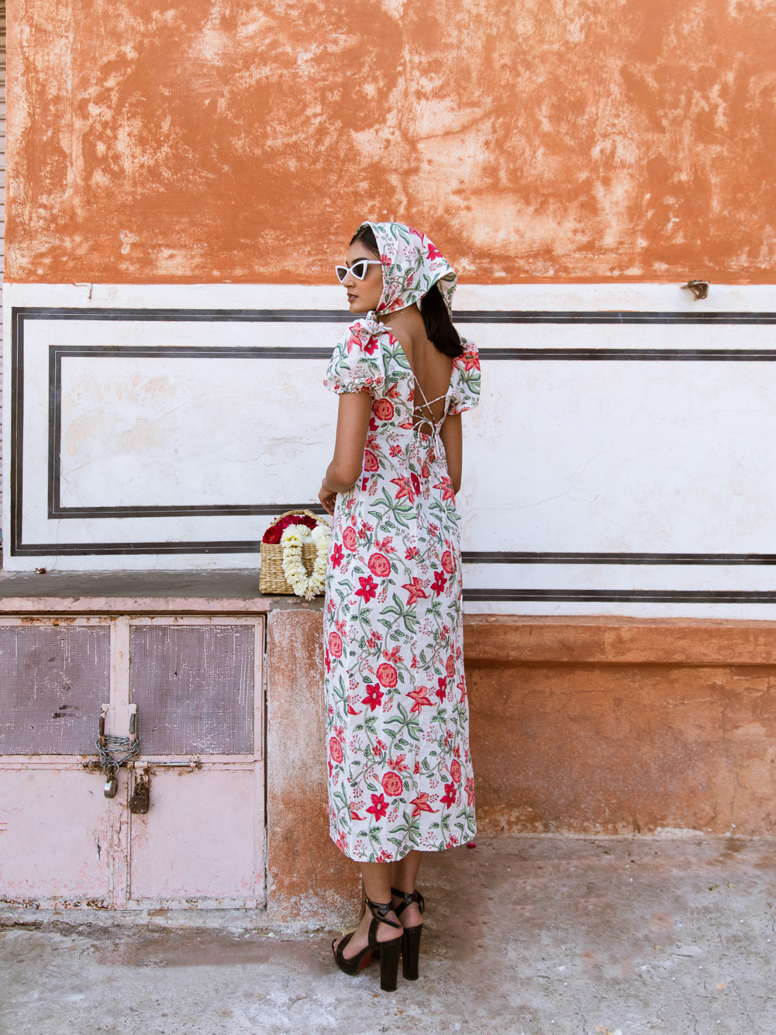 Raspberry & Rosé Midi Dress - Off Shoulder Printed Cotton Midi Dress