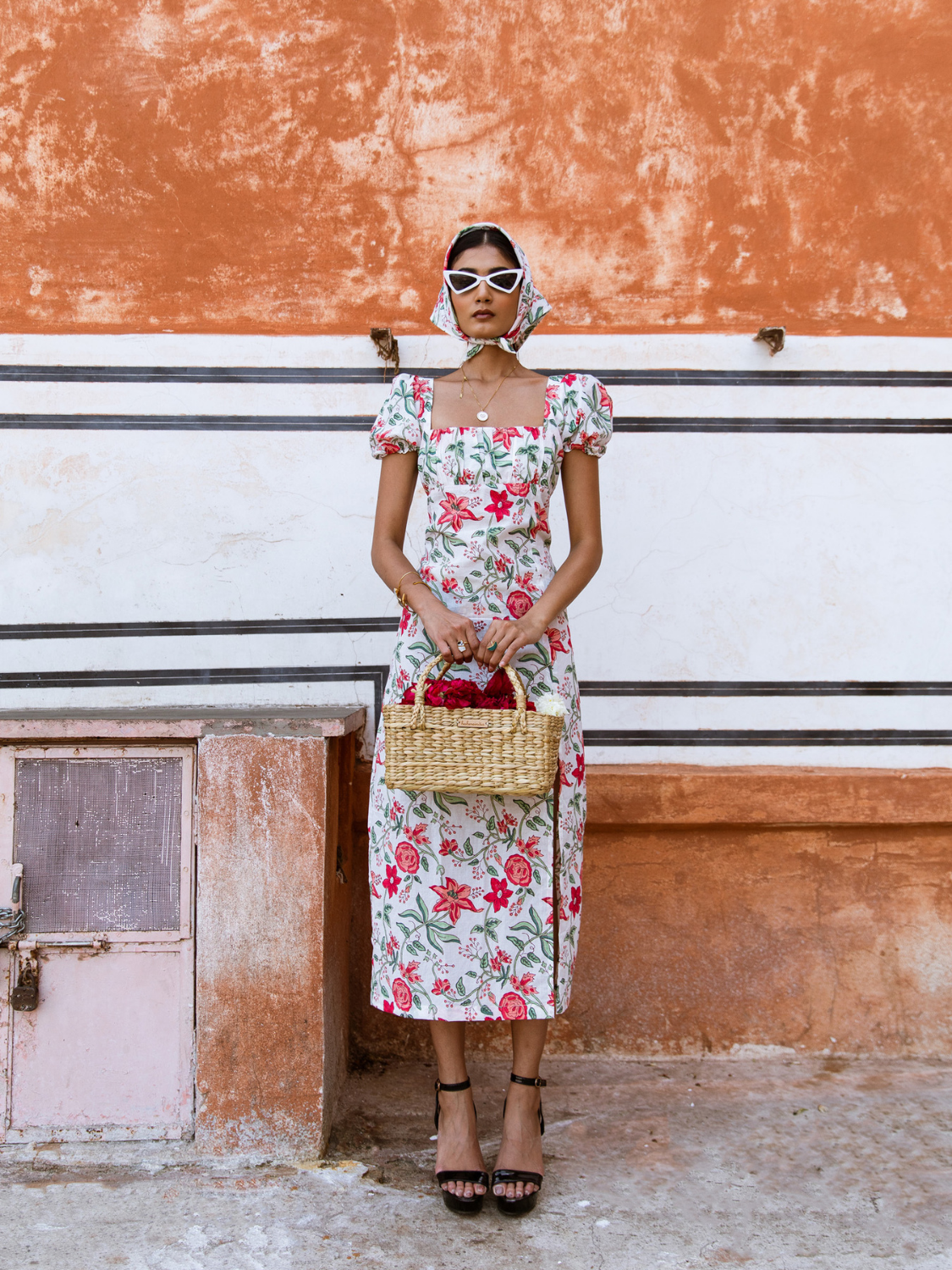 Raspberry & Rosé Midi Dress - Off Shoulder Printed Cotton Midi Dress