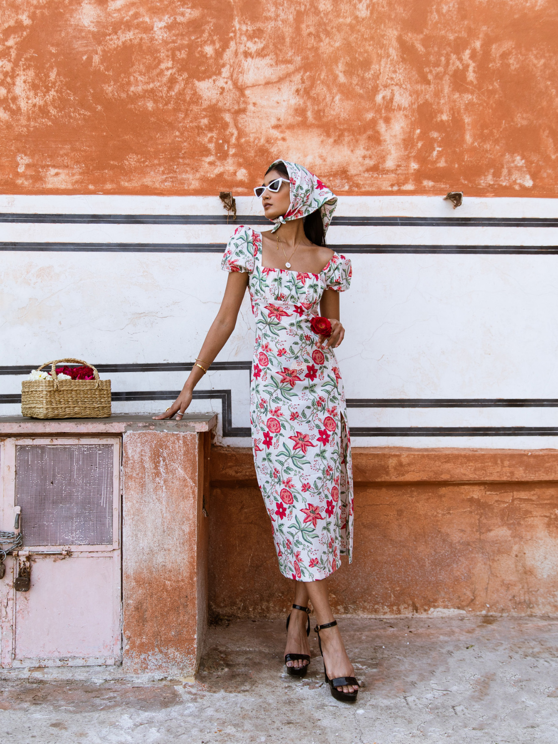 Raspberry & Rosé Midi Dress - Off Shoulder Printed Cotton Midi Dress