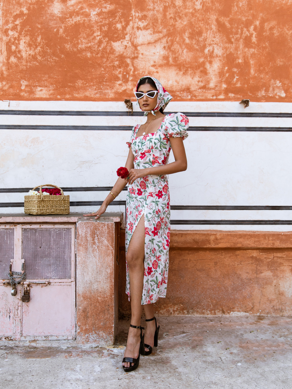 Raspberry & Rosé Midi Dress - Off Shoulder Printed Cotton Midi Dress