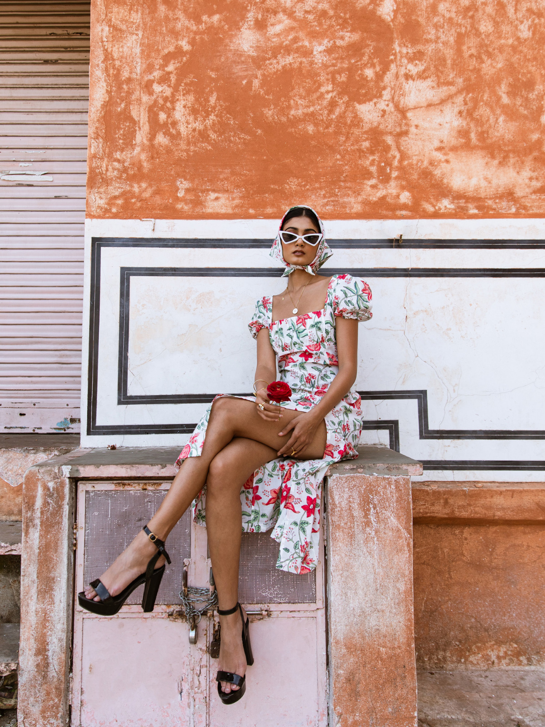 Raspberry & Rosé Midi Dress - Off Shoulder Printed Cotton Midi Dress