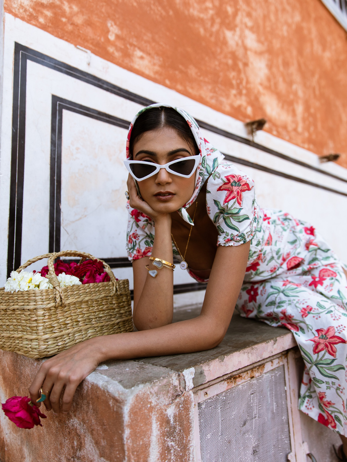 Raspberry & Rosé Midi Dress - Off Shoulder Printed Cotton Midi Dress