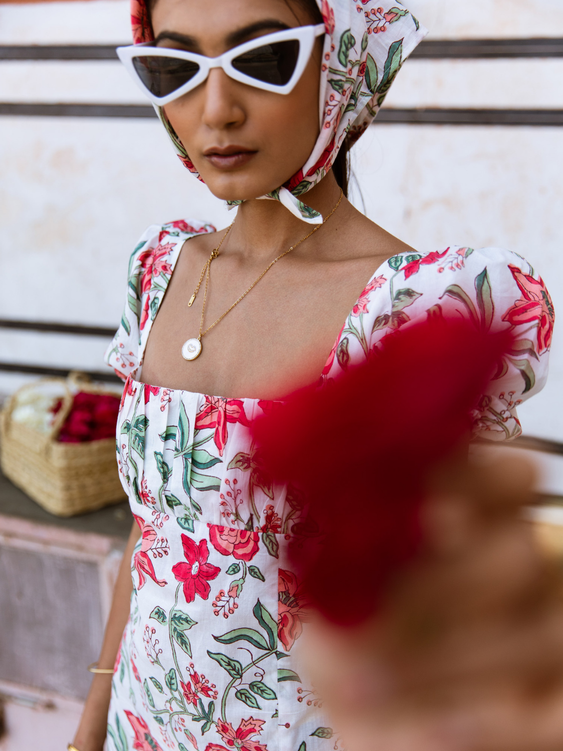 Raspberry & Rosé Midi Dress - Off Shoulder Printed Cotton Midi Dress