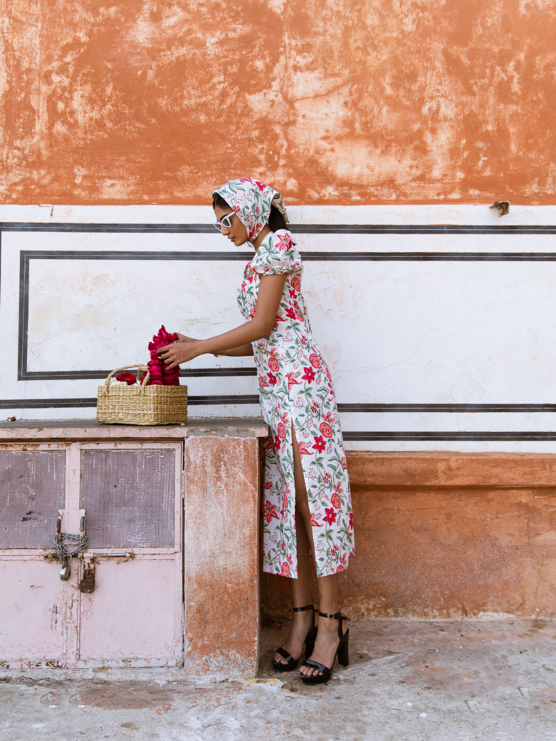 Raspberry & Rosé Midi Dress - Off Shoulder Printed Cotton Midi Dress