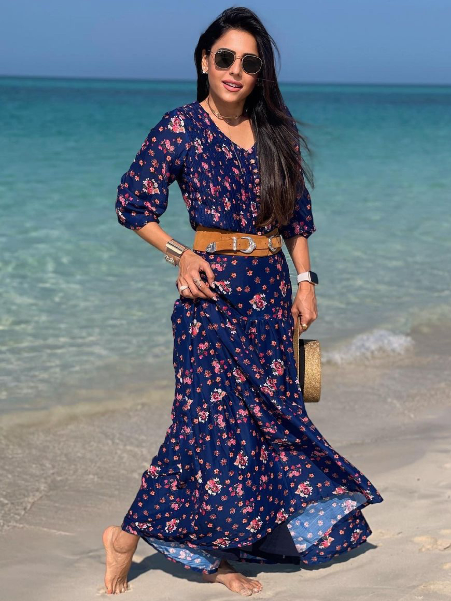Bouquet On Blue Skirt Set - Blue Digital Printed Cotton Silk Button Up Shirt And Tiered Skirt