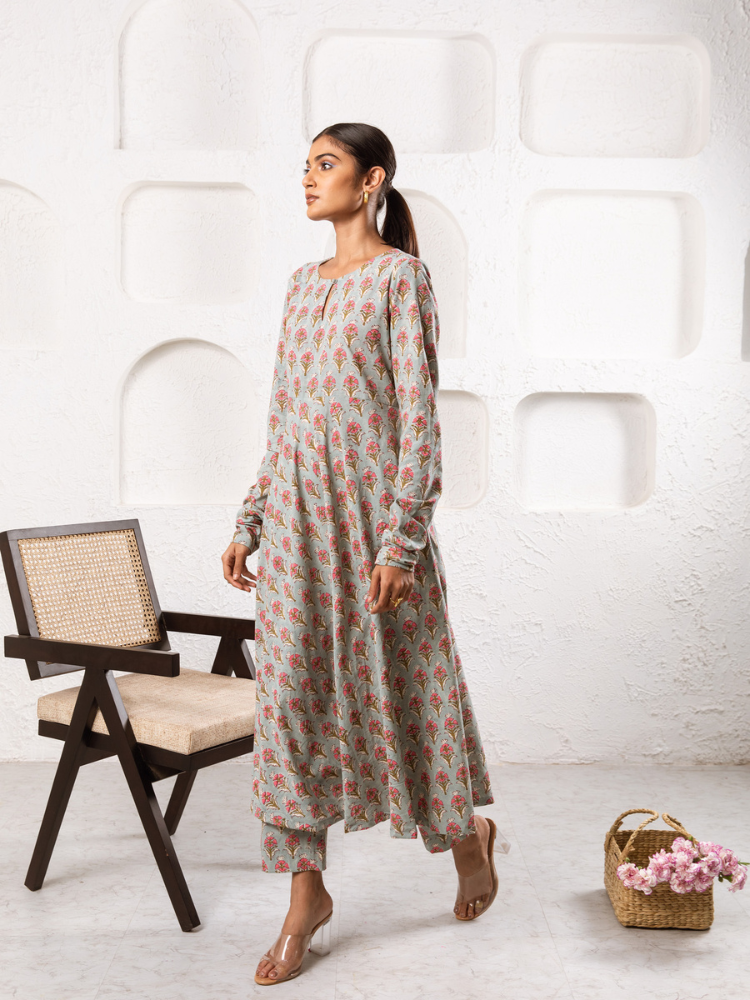 Grey Pansy Kurta Set - Hand Block Printed Kurta Set