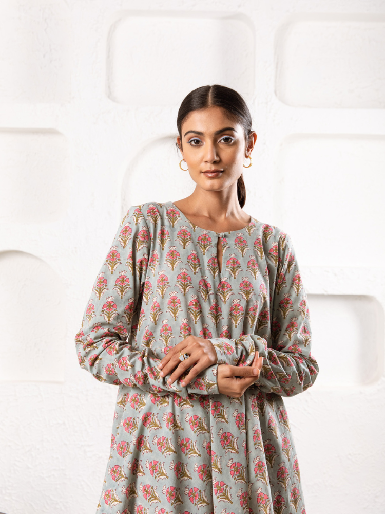 Grey Pansy Kurta Set - Hand Block Printed Kurta Set