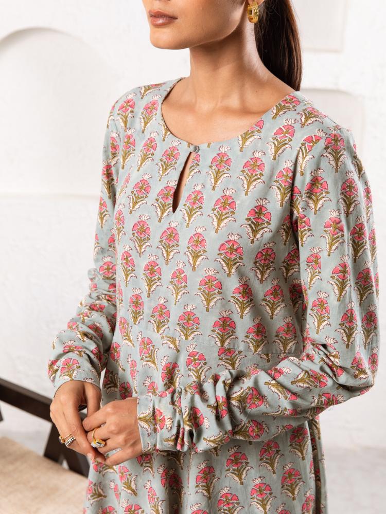 Grey Pansy Kurta Set - Hand Block Printed Kurta Set