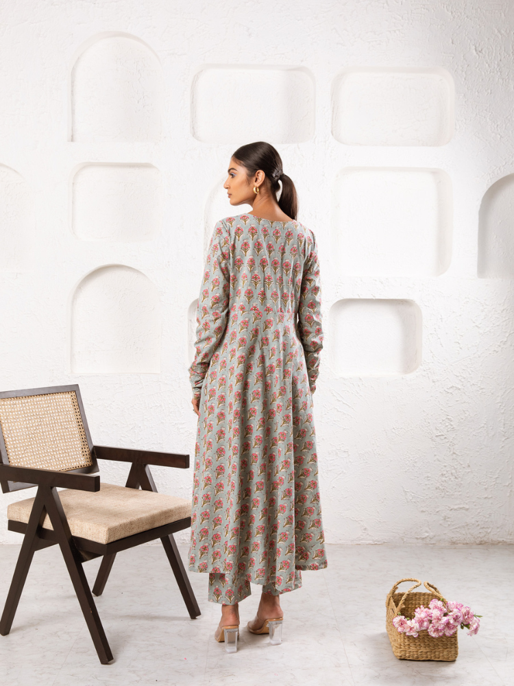 Grey Pansy Kurta Set - Hand Block Printed Kurta Set