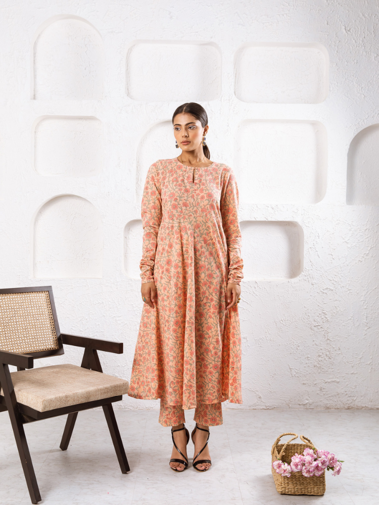 Peach Gardenia Kurta Set - Hand Block Printed Kurta Set