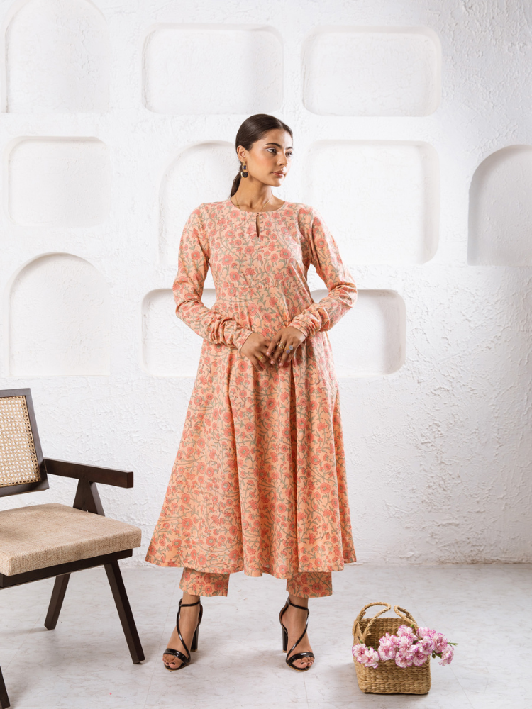 Peach Gardenia Kurta Set - Hand Block Printed Kurta Set