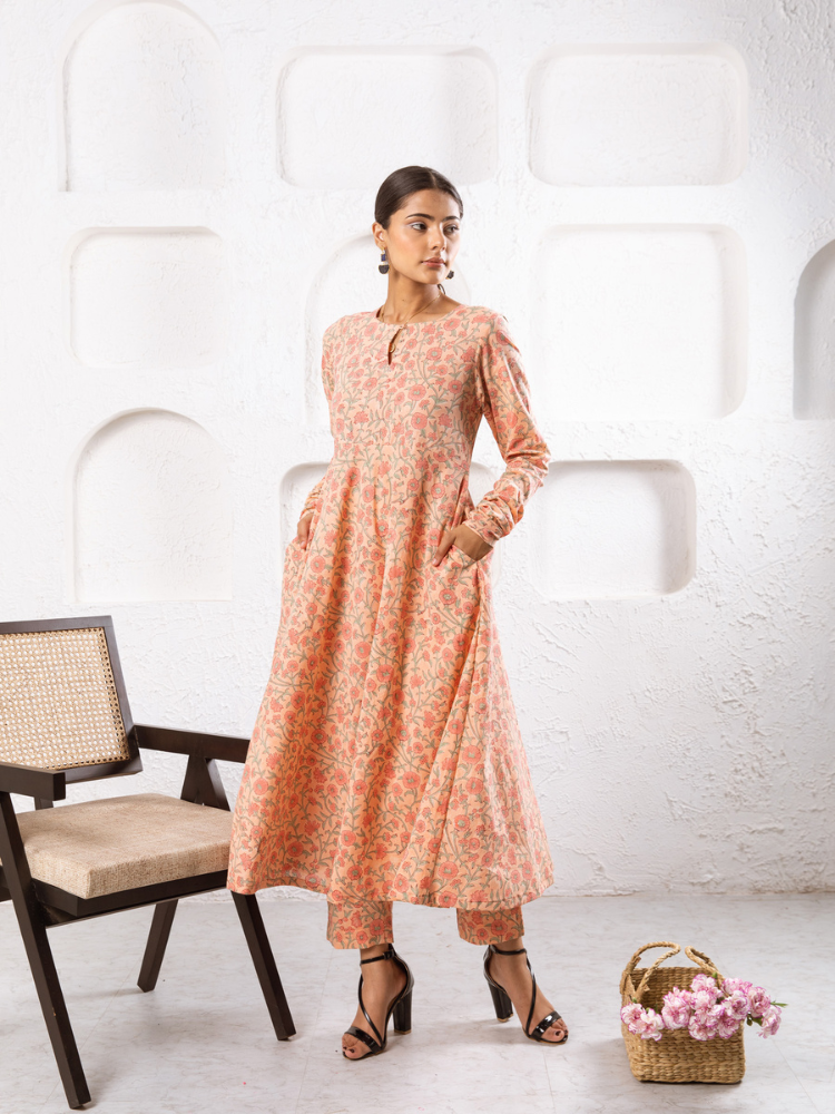 Peach Gardenia Kurta Set - Hand Block Printed Kurta Set