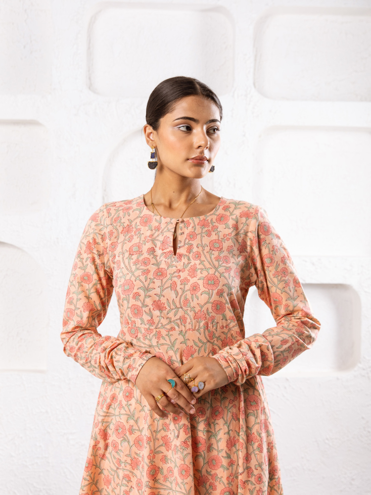 Peach Gardenia Kurta Set - Hand Block Printed Kurta Set