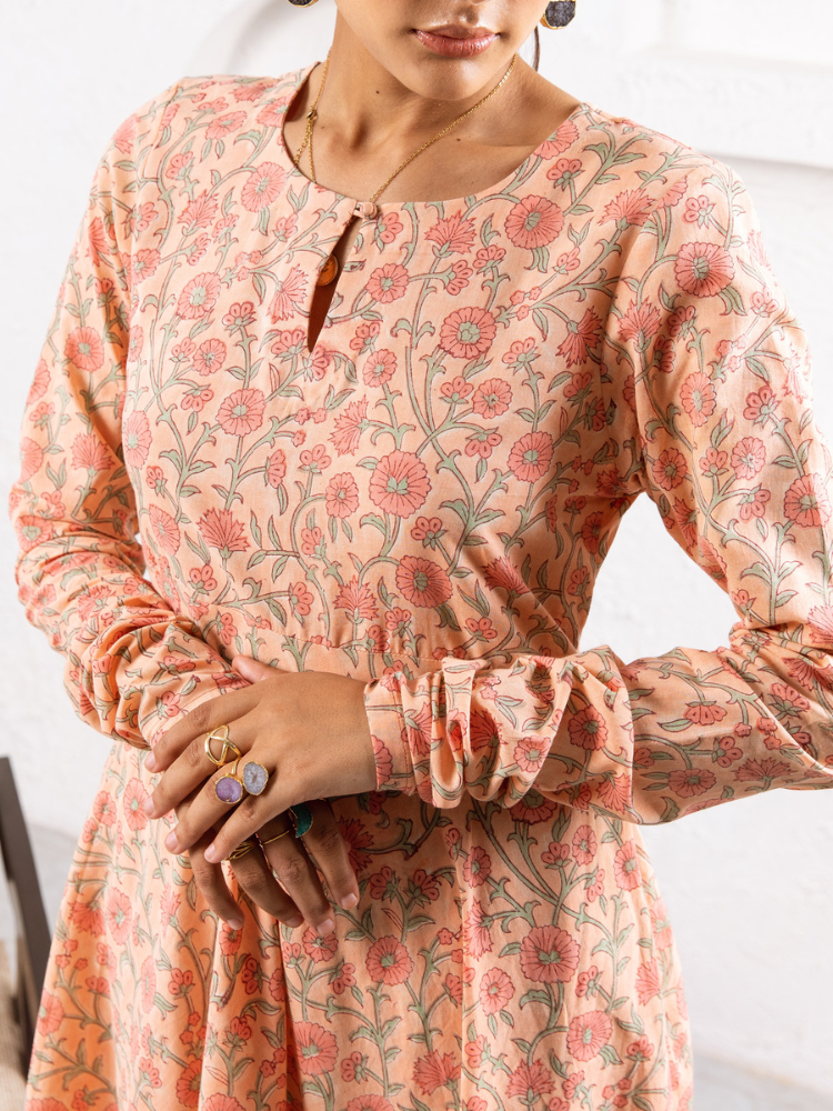 Peach Gardenia Kurta Set - Hand Block Printed Kurta Set
