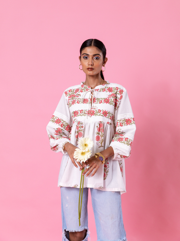 Florencia Peasent Top - Hand Block Printed Cotton Top