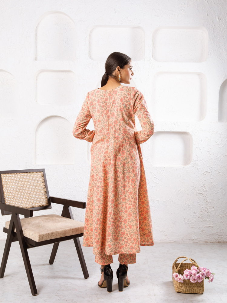 Peach Gardenia Kurta Set - Hand Block Printed Kurta Set