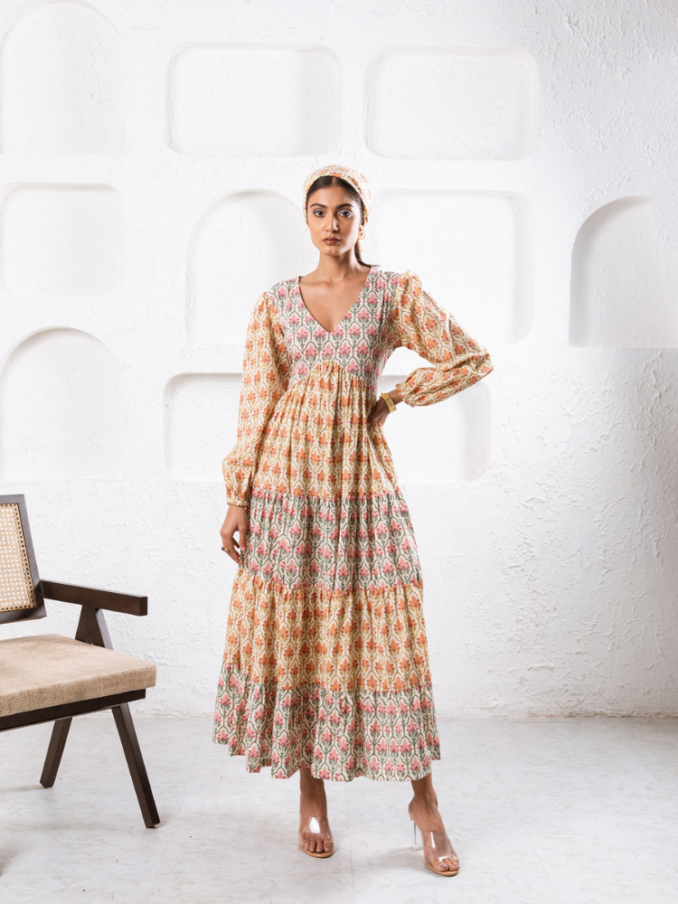 Jaypore Dress - Hand Block Printed Tiered Dress