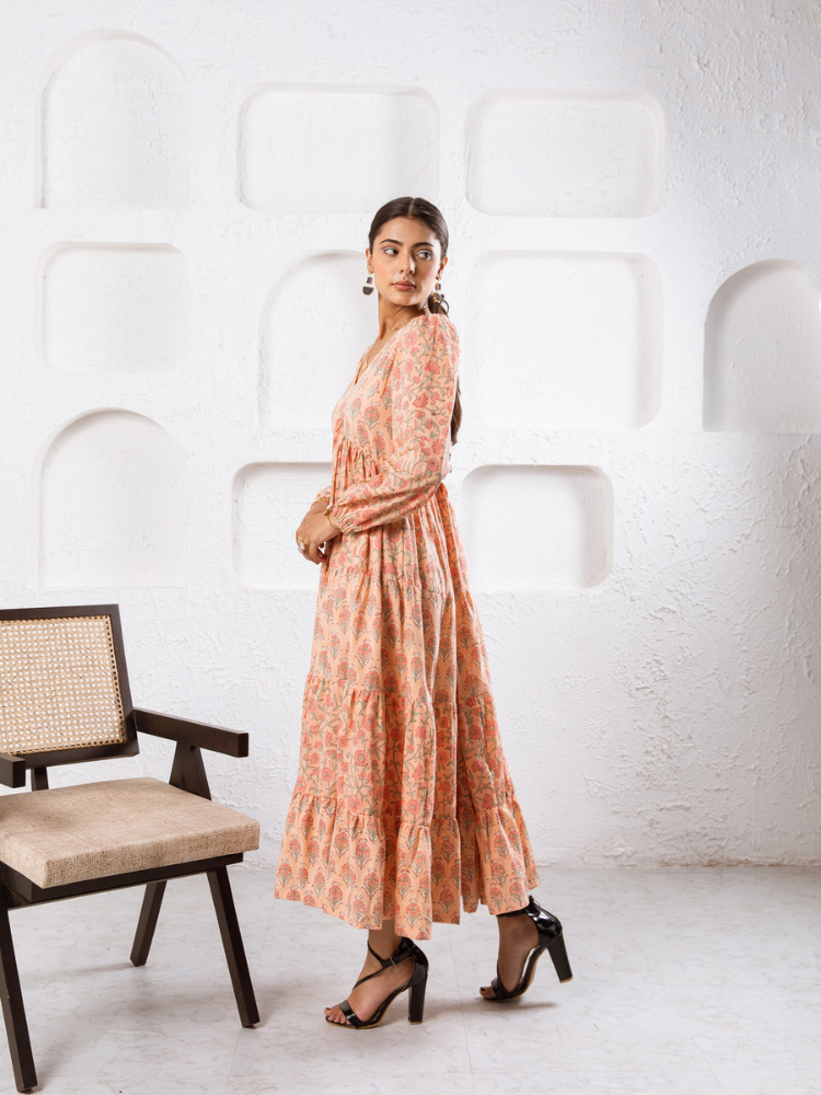 Jaypore Peach Dress - Hand Block Printed Tiered Dress