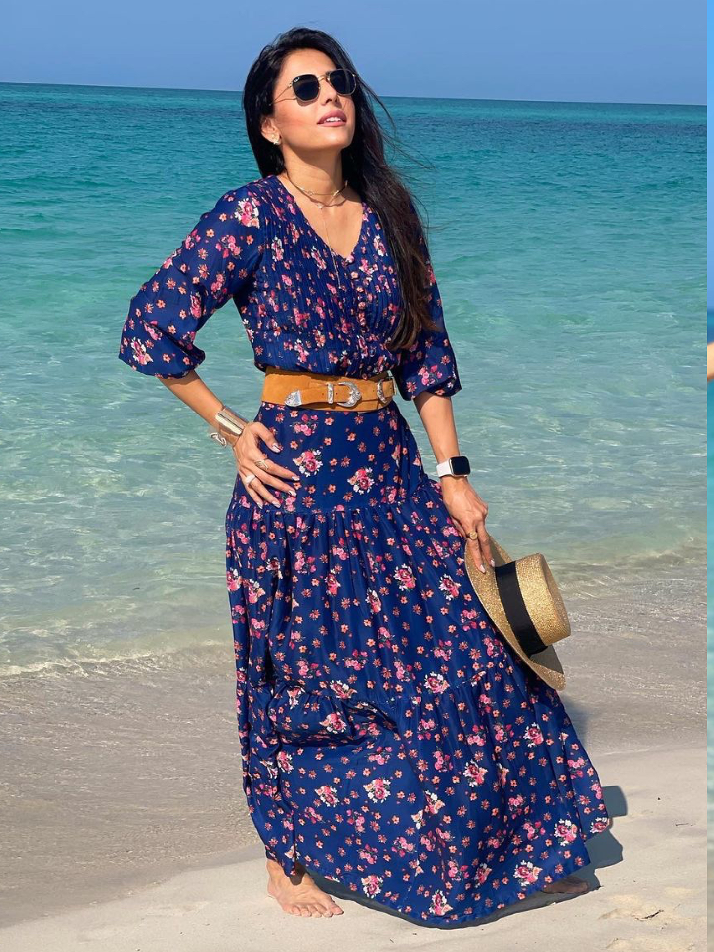 Bouquet On Blue Skirt Set - Blue Digital Printed Cotton Silk Button Up Shirt And Tiered Skirt