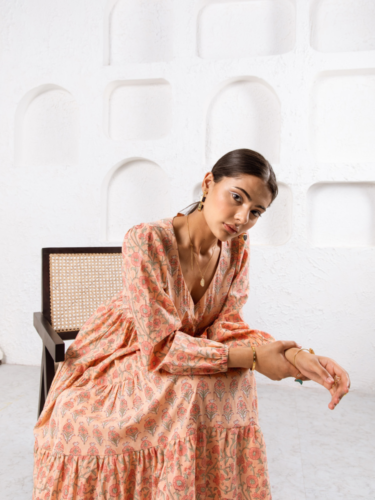 Jaypore Peach Dress - Hand Block Printed Tiered Dress