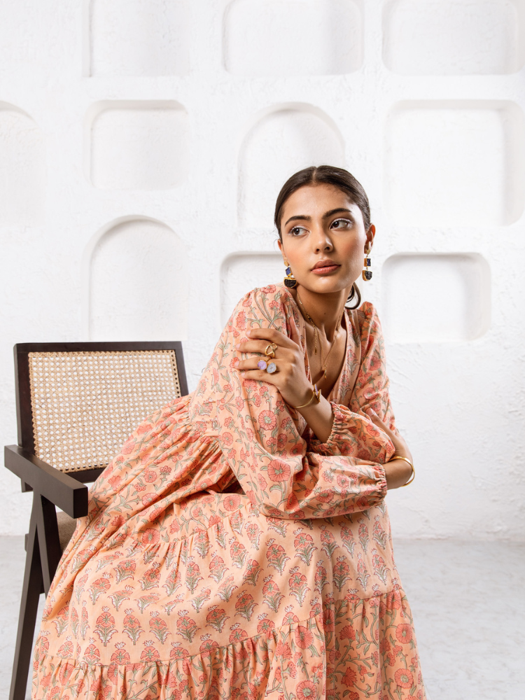 Jaypore Peach Dress - Hand Block Printed Tiered Dress