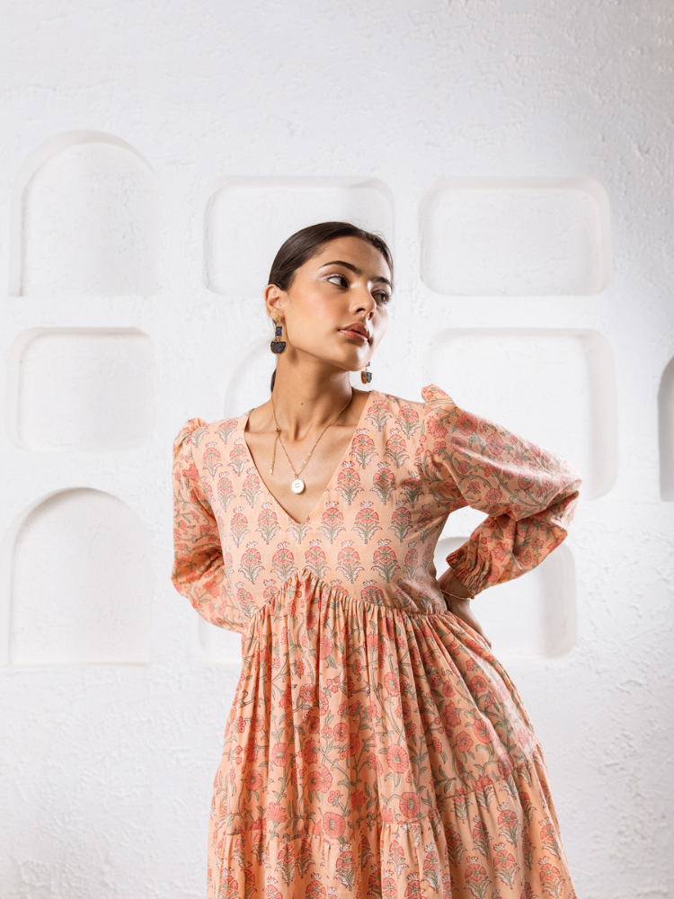 Jaypore Peach Dress - Hand Block Printed Tiered Dress