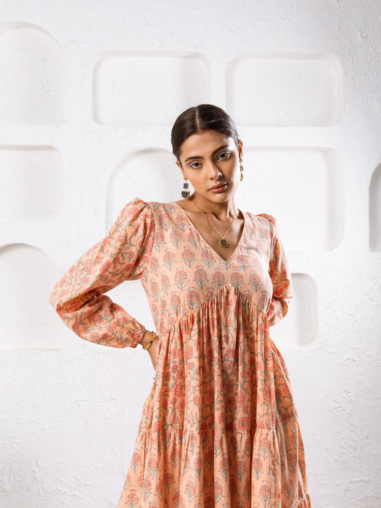 Jaypore Peach Dress - Hand Block Printed Tiered Dress