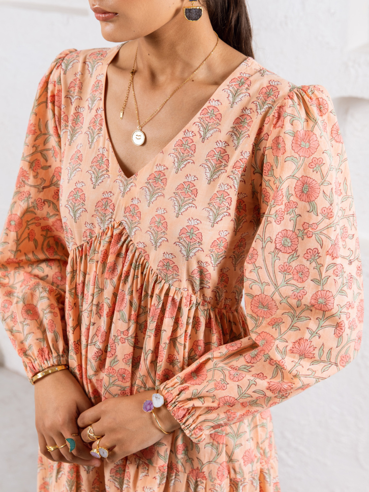 Jaypore Peach Dress - Hand Block Printed Tiered Dress