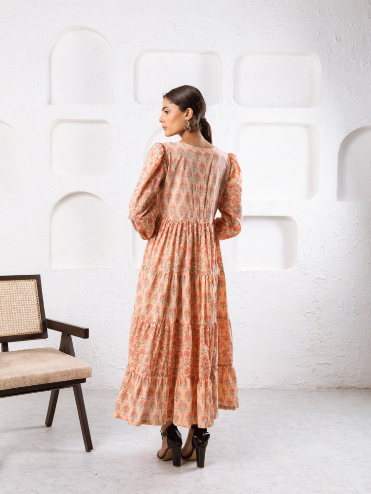 Jaypore Peach Dress - Hand Block Printed Tiered Dress