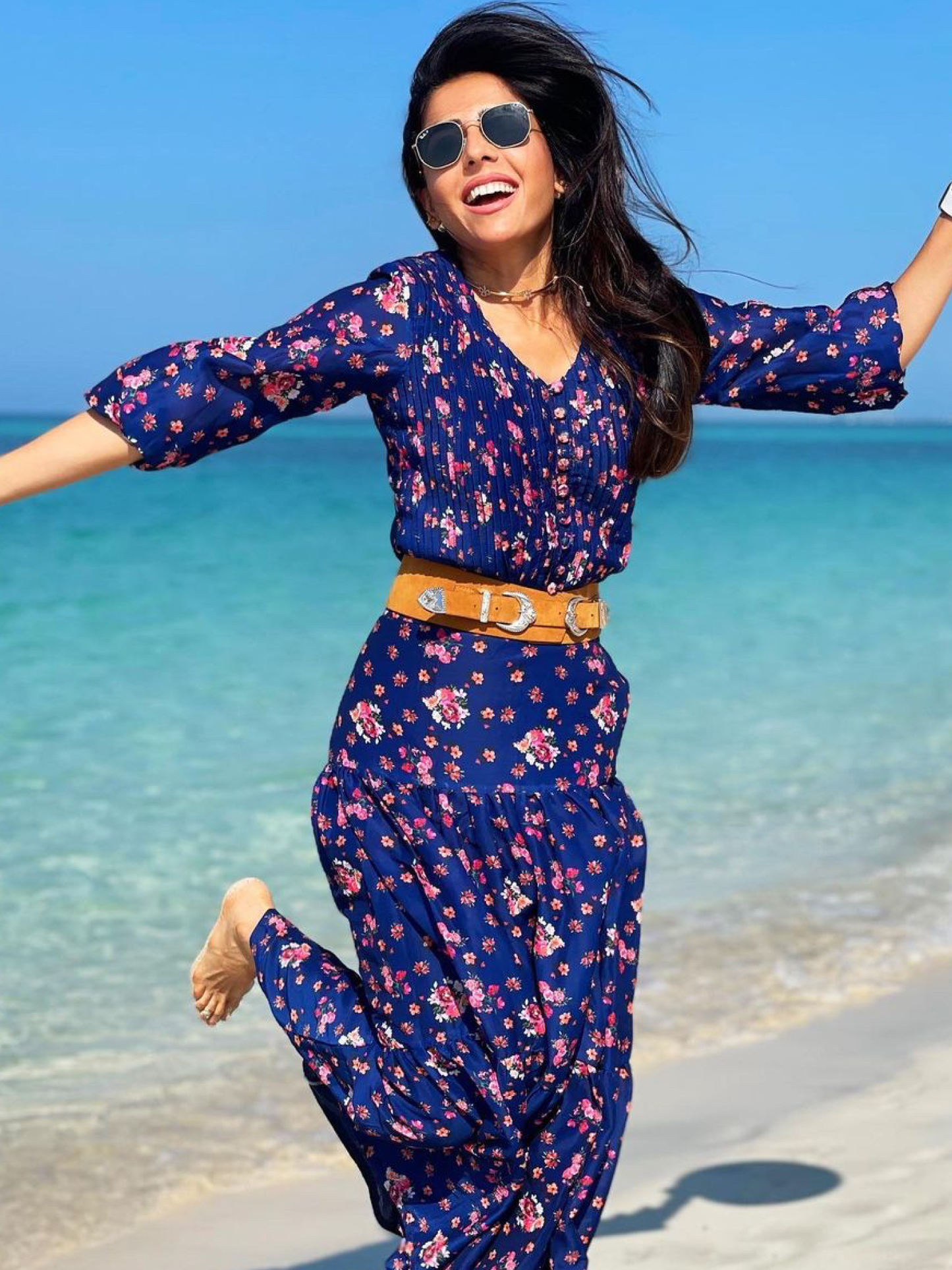 Bouquet On Blue Skirt Set - Blue Digital Printed Cotton Silk Button Up Shirt And Tiered Skirt