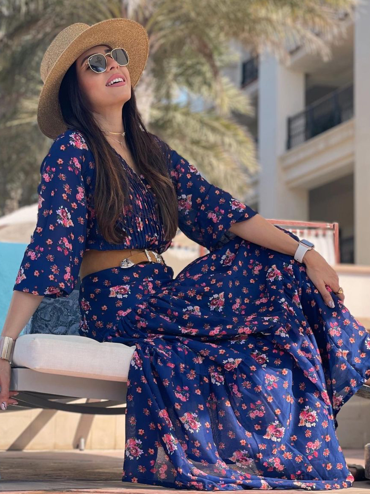 Bouquet On Blue Skirt Set - Blue Digital Printed Cotton Silk Button Up Shirt And Tiered Skirt