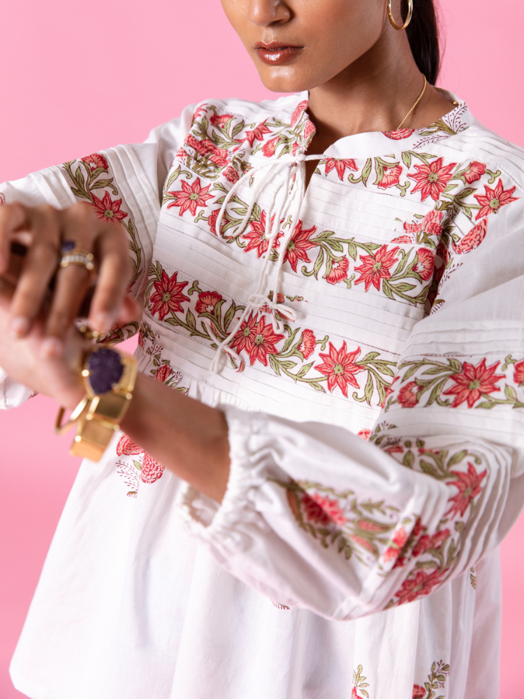 Florencia Peasent Top - Hand Block Printed Cotton Top