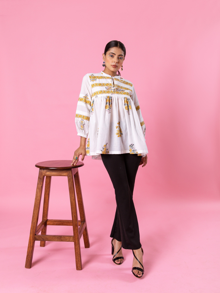Yellow Florencia Top - Hand Block Printed Cotton Top