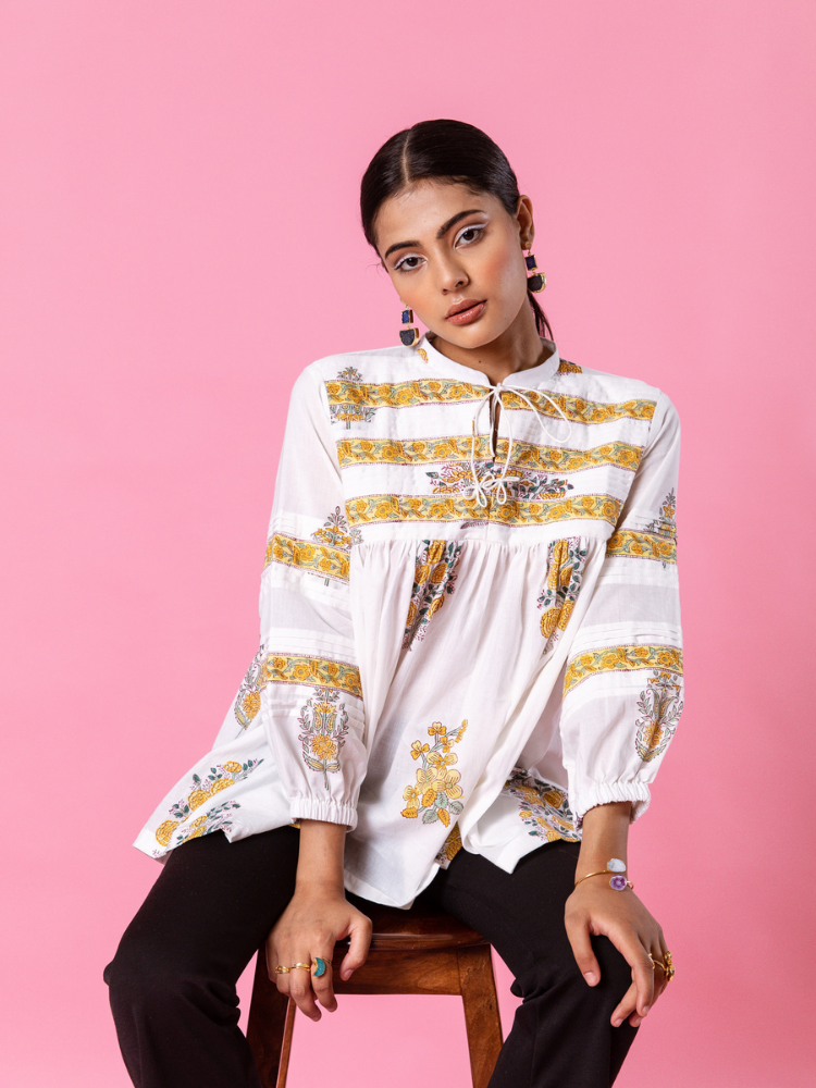 Yellow Florencia Top - Hand Block Printed Cotton Top