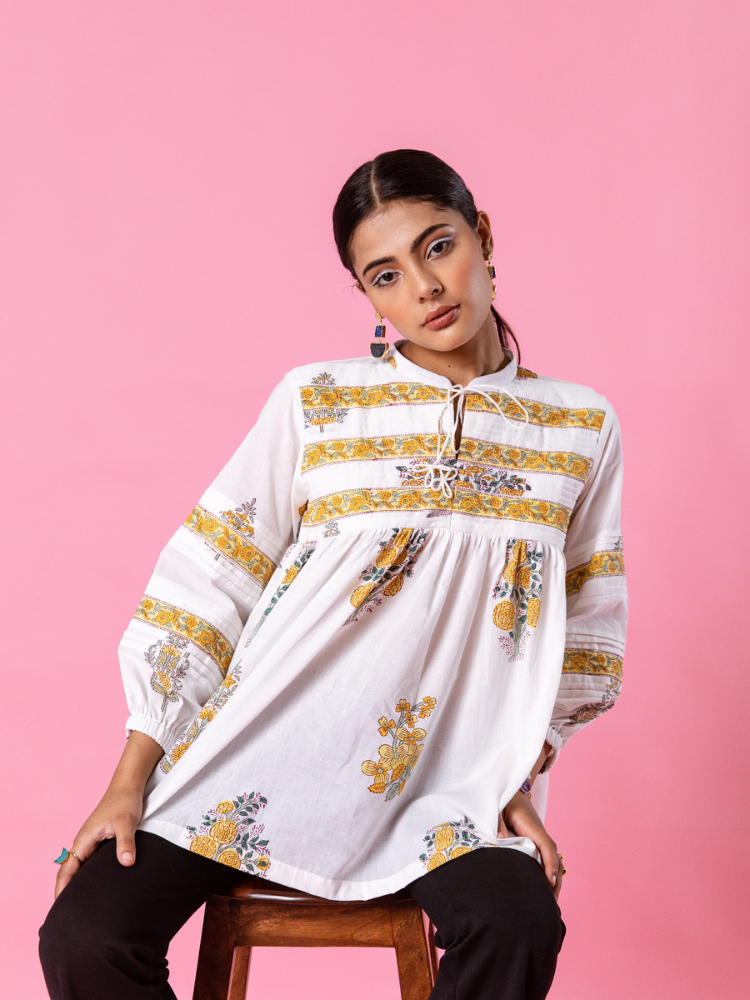Yellow Florencia Top - Hand Block Printed Cotton Top