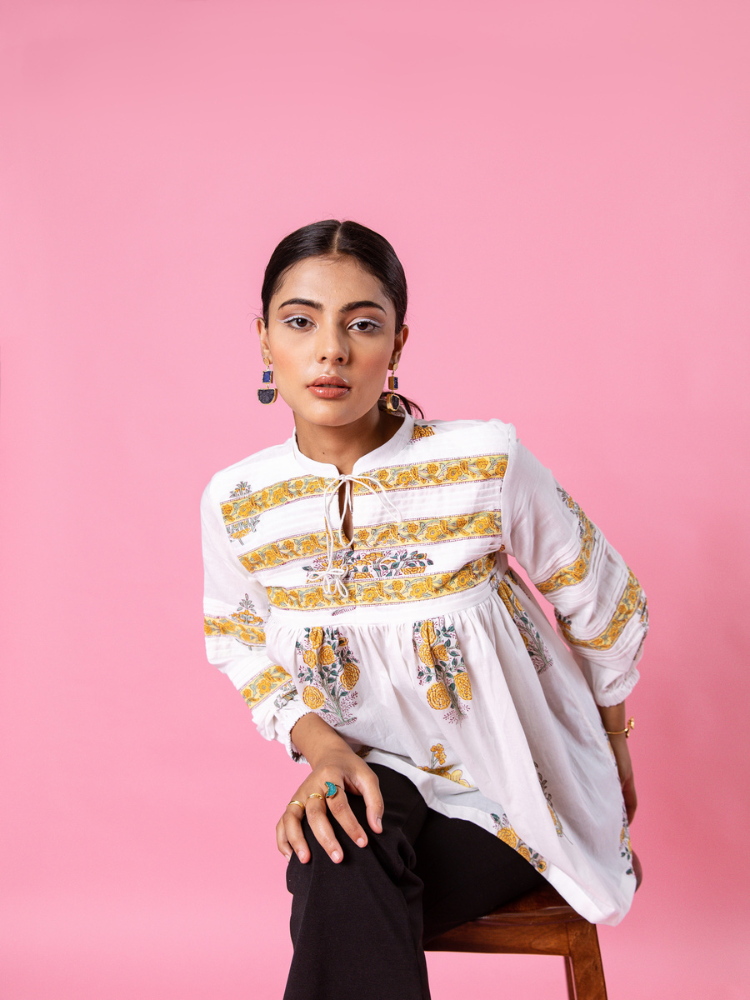 Yellow Florencia Top - Hand Block Printed Cotton Top