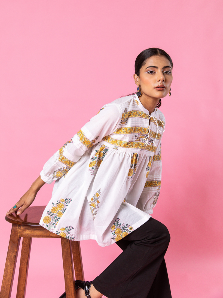 Yellow Florencia Top - Hand Block Printed Cotton Top