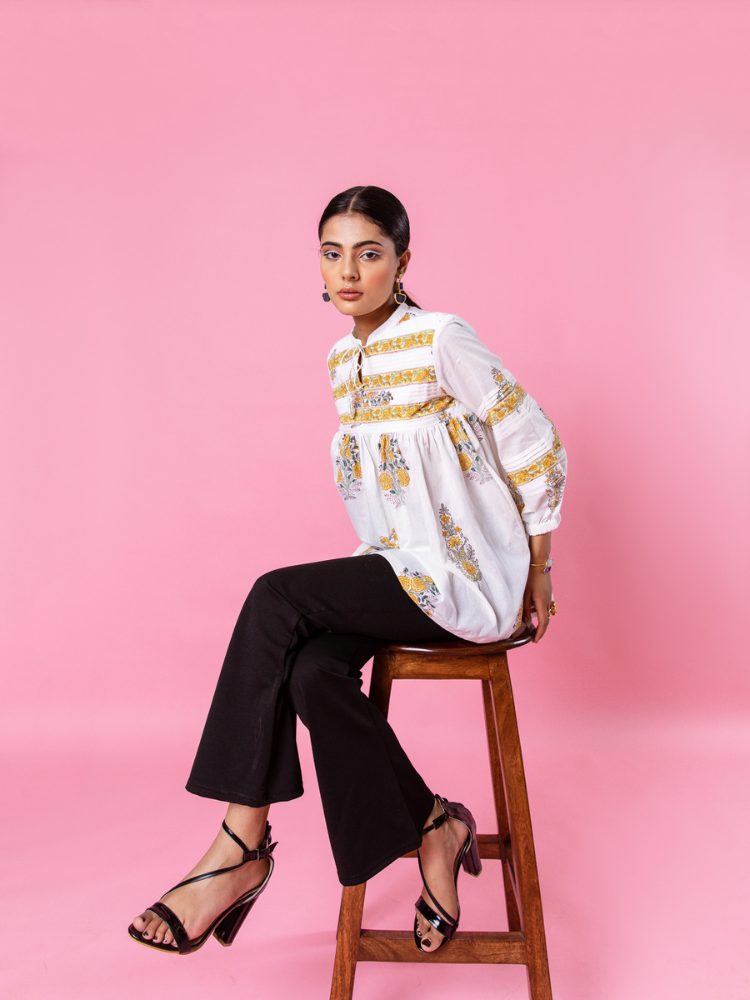Yellow Florencia Top - Hand Block Printed Cotton Top